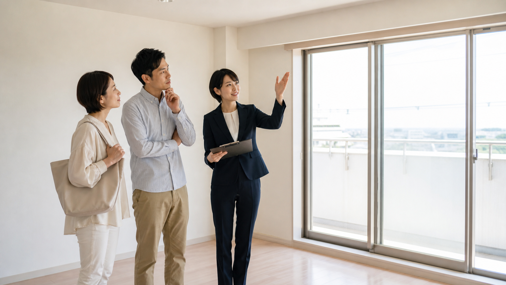 中古マンションの内見で室内と共用部の確認項目をメモする購入検討者のイメージ