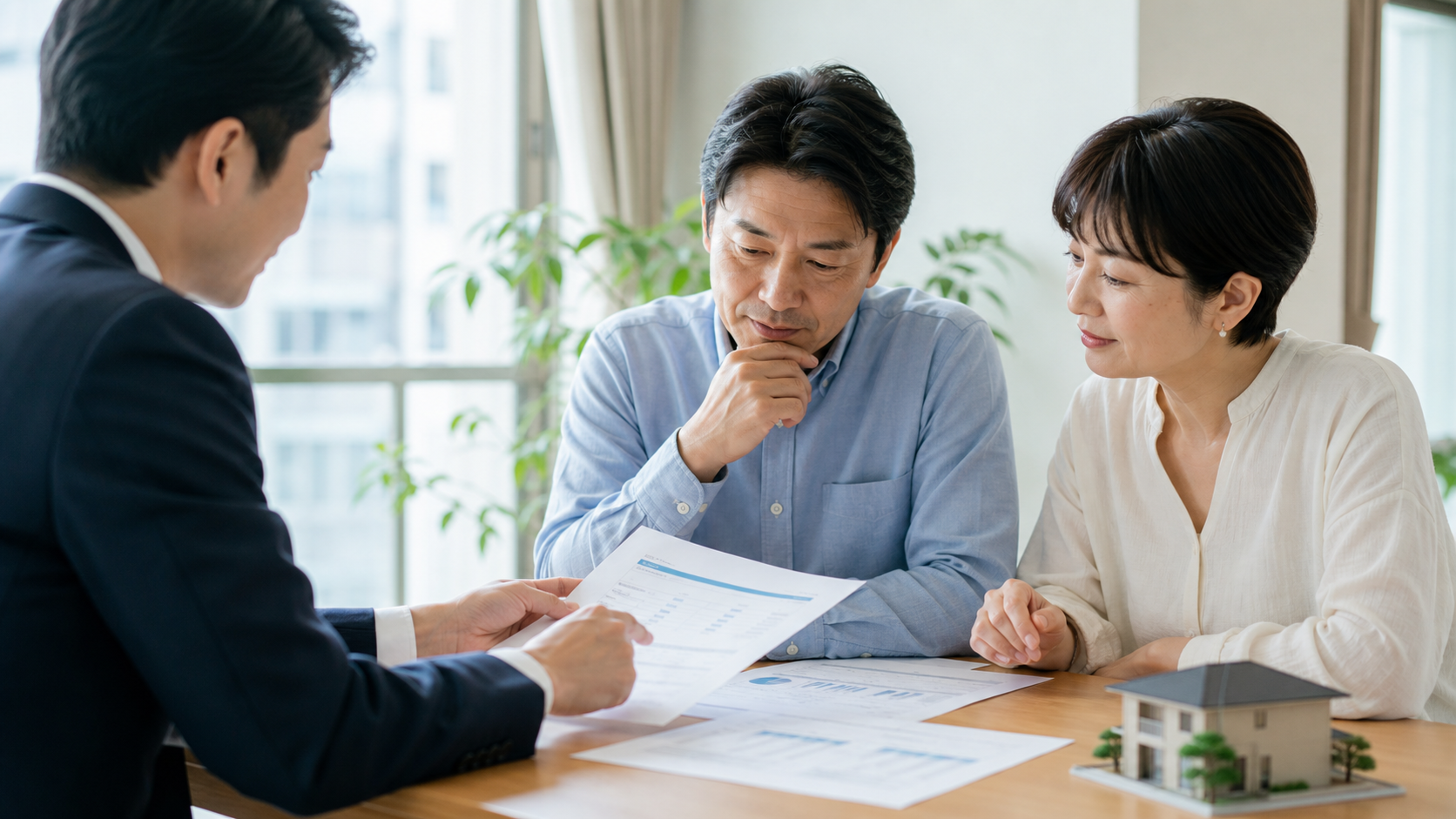 不動産売却の提案書を比較しながら担当者に相談する住宅所有者