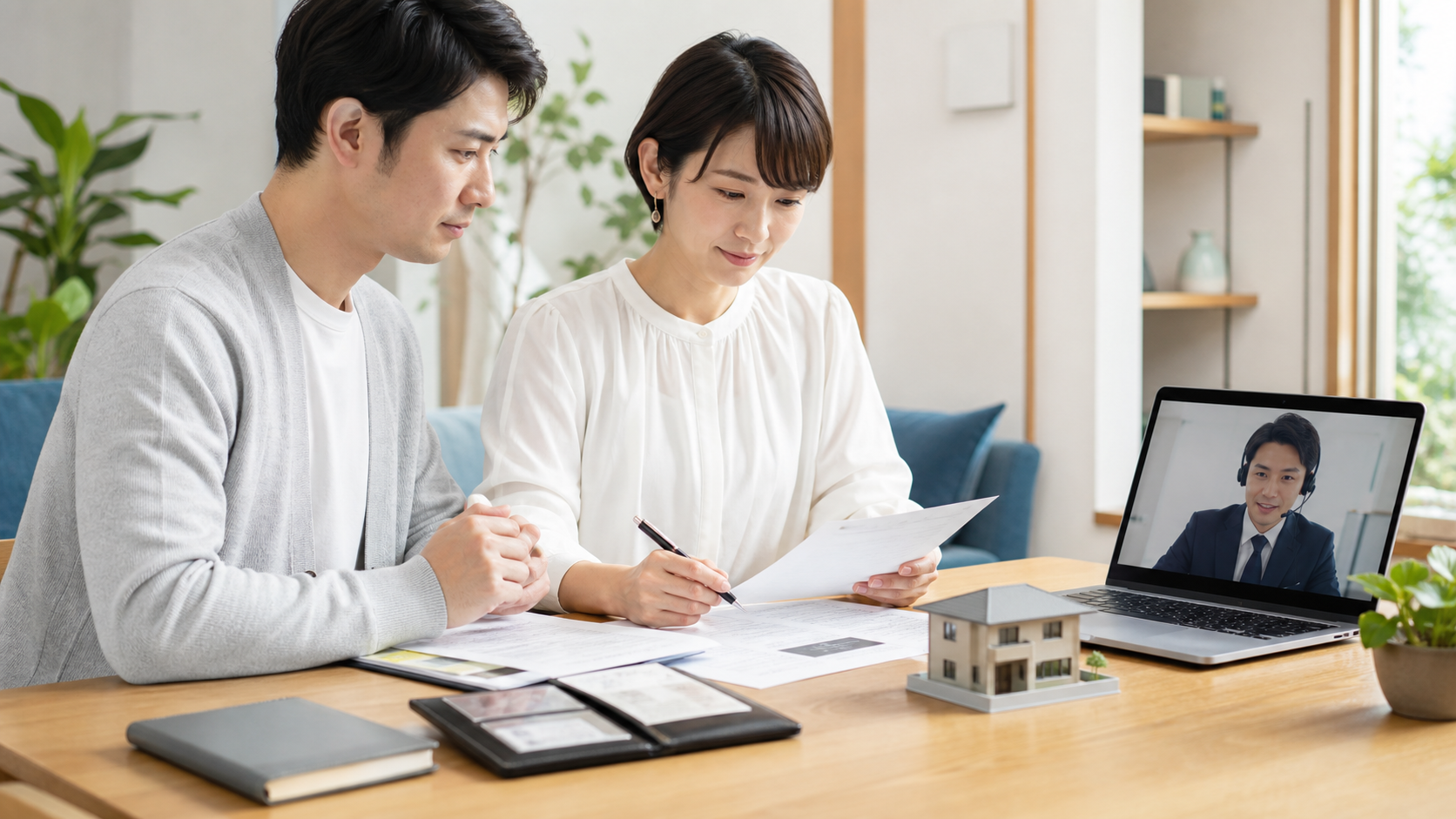 住宅ローンの事前審査に向けて書類と資金計画を確認する夫婦
