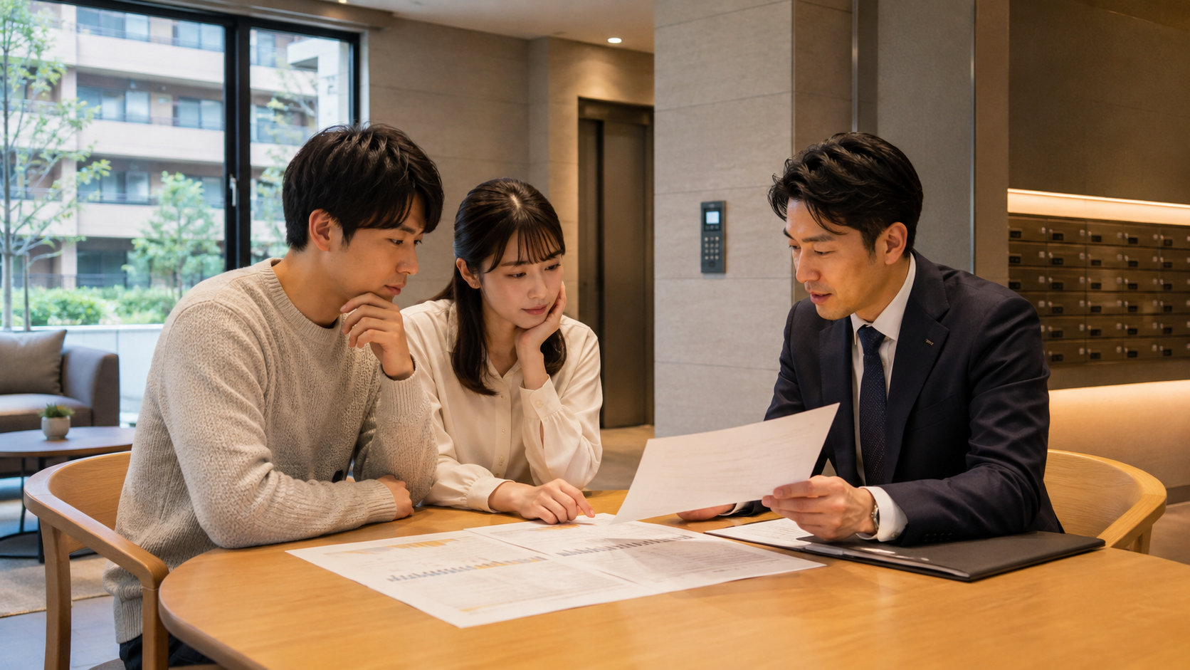 マンション購入前に長期修繕計画と修繕積立金、総会資料を確認する購入検討者と不動産担当者