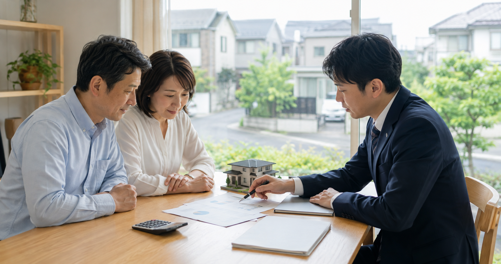 不動産の売却費用について、相談者と不動産担当者が資料を確認している様子