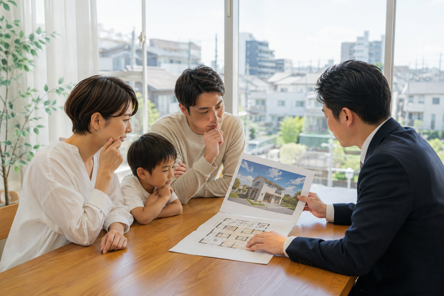 戸建てとマンションの資料を家族と不動産担当者が比較している様子