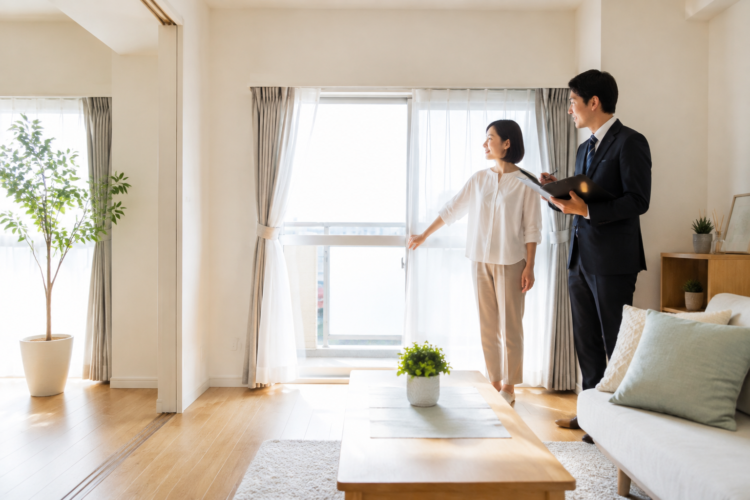 明るく整えた住まいで内覧準備をする売主と不動産担当者