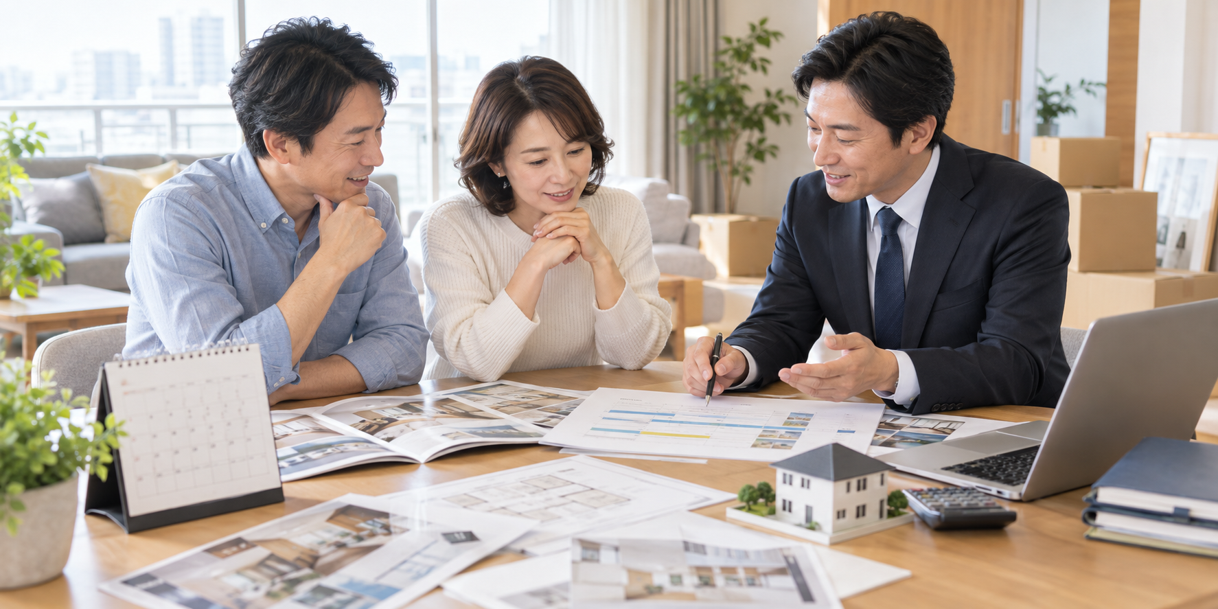 住み替えの予定表と物件資料を前に、夫婦と不動産担当者が相談している様子