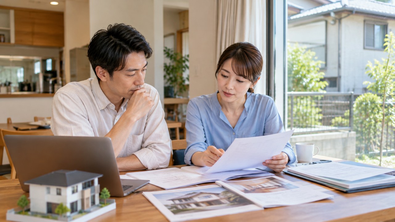 中古住宅の資料と資金計画を確認する購入検討者