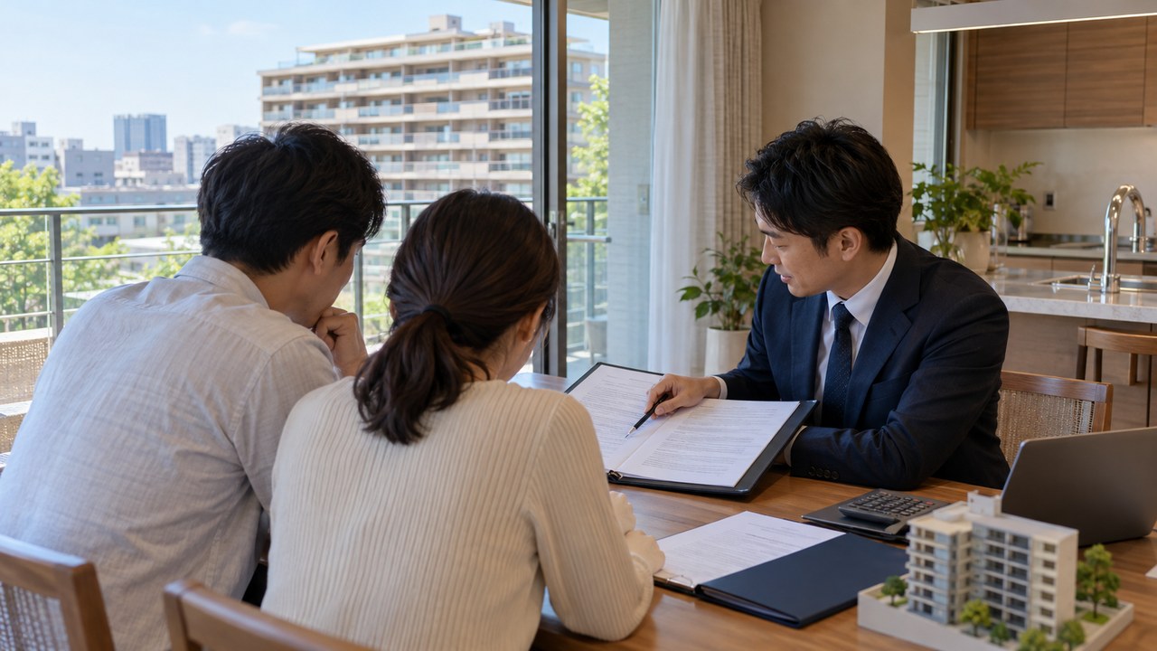 中古マンションの売買契約書と資金計画を確認する購入検討者