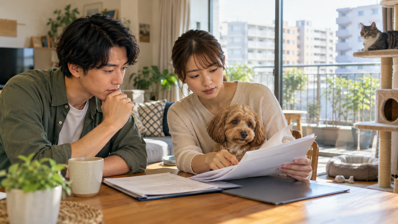 中古マンションの管理規約を確認しながらペットとの暮らしを検討する夫婦