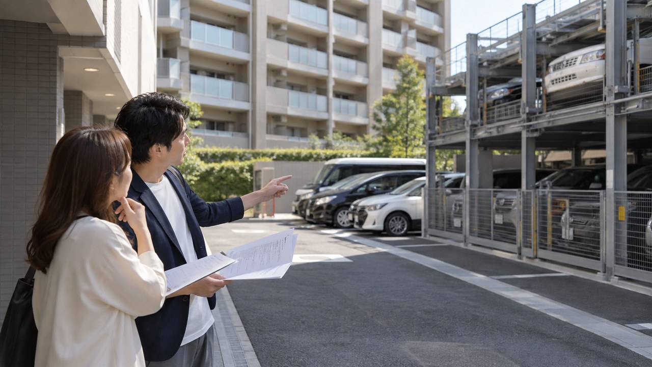 中古マンションの駐車場区画と使用細則を資料で確認する購入検討者