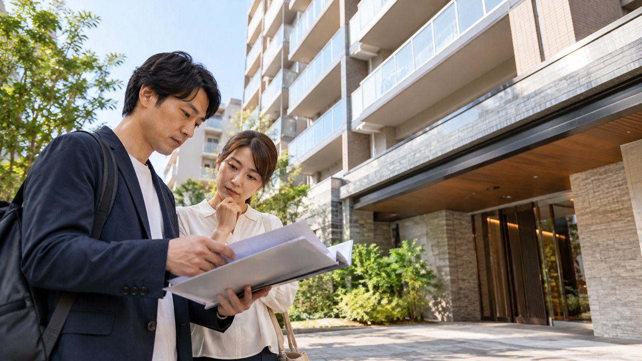 中古マンションの建築年と耐震に関する管理資料を確認する購入検討者