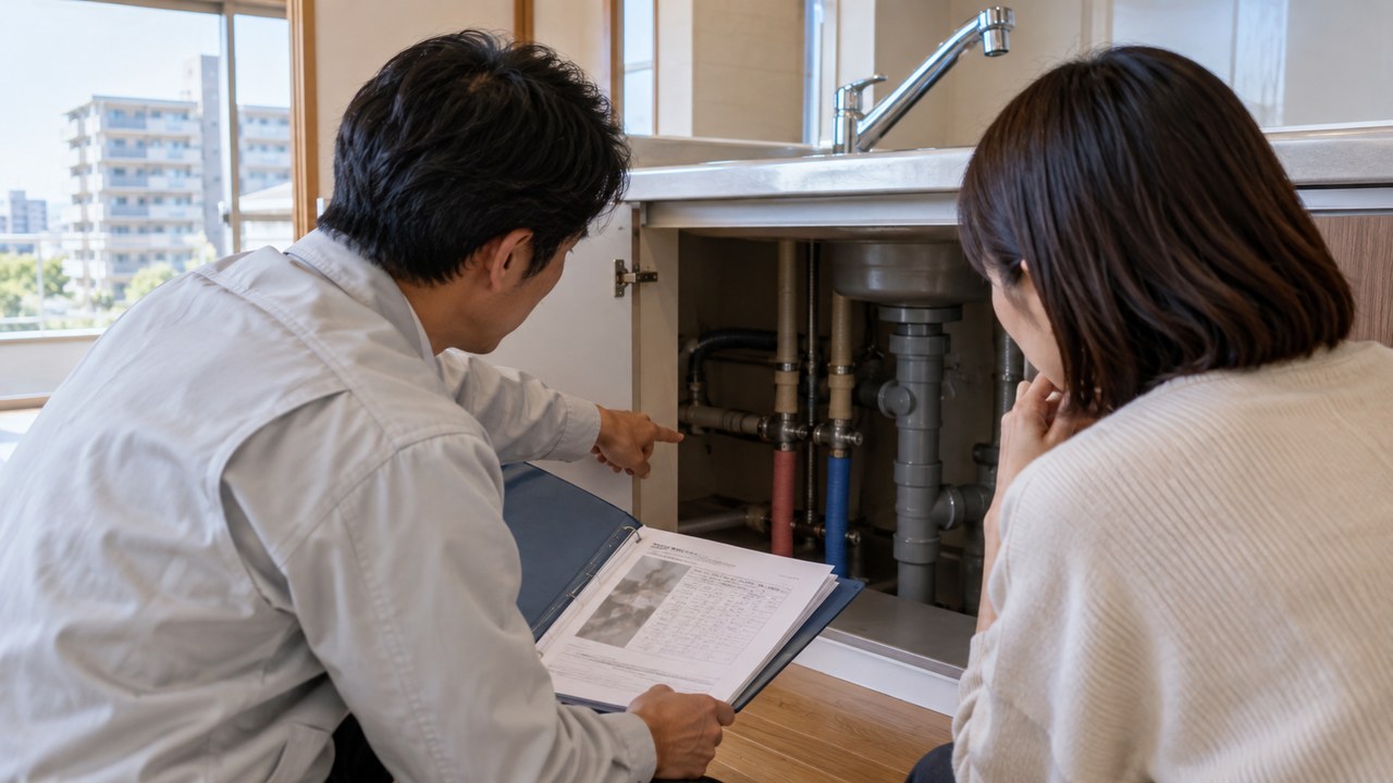中古マンションの給排水管の交換履歴と管理資料を確認する購入検討者