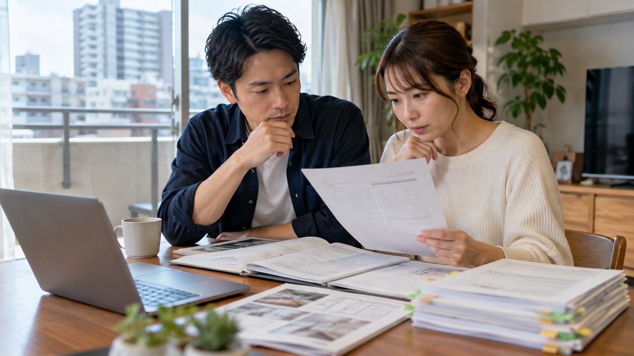 中古マンションの管理費と修繕積立金の資料を確認する購入検討者