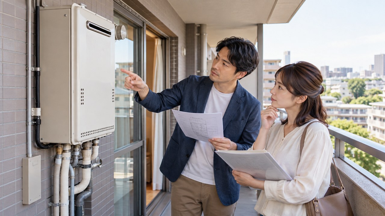 中古マンションの給湯器と管理資料を確認しながら購入を検討する夫婦