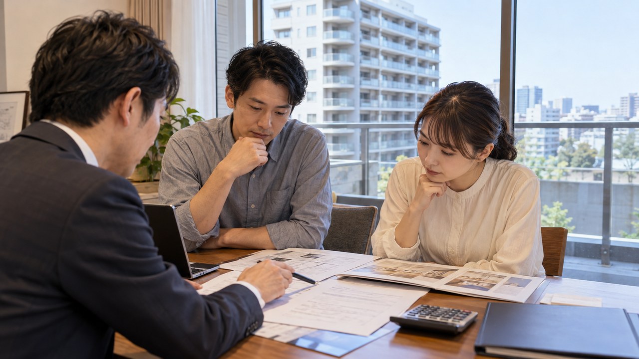 中古マンションの購入申込書、資金計画、管理資料を机上で確認する購入検討者