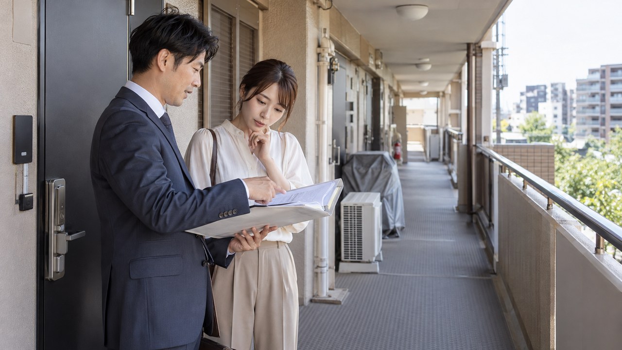中古マンションの共用廊下と管理規約の資料を確認する購入検討者と不動産担当者