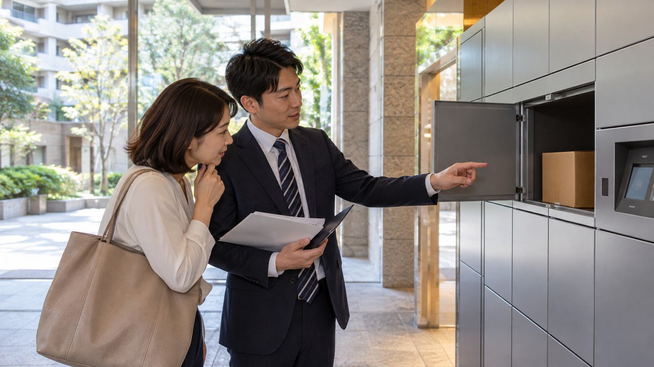 中古マンションの宅配ボックスと管理資料を確認する購入検討者と不動産担当者