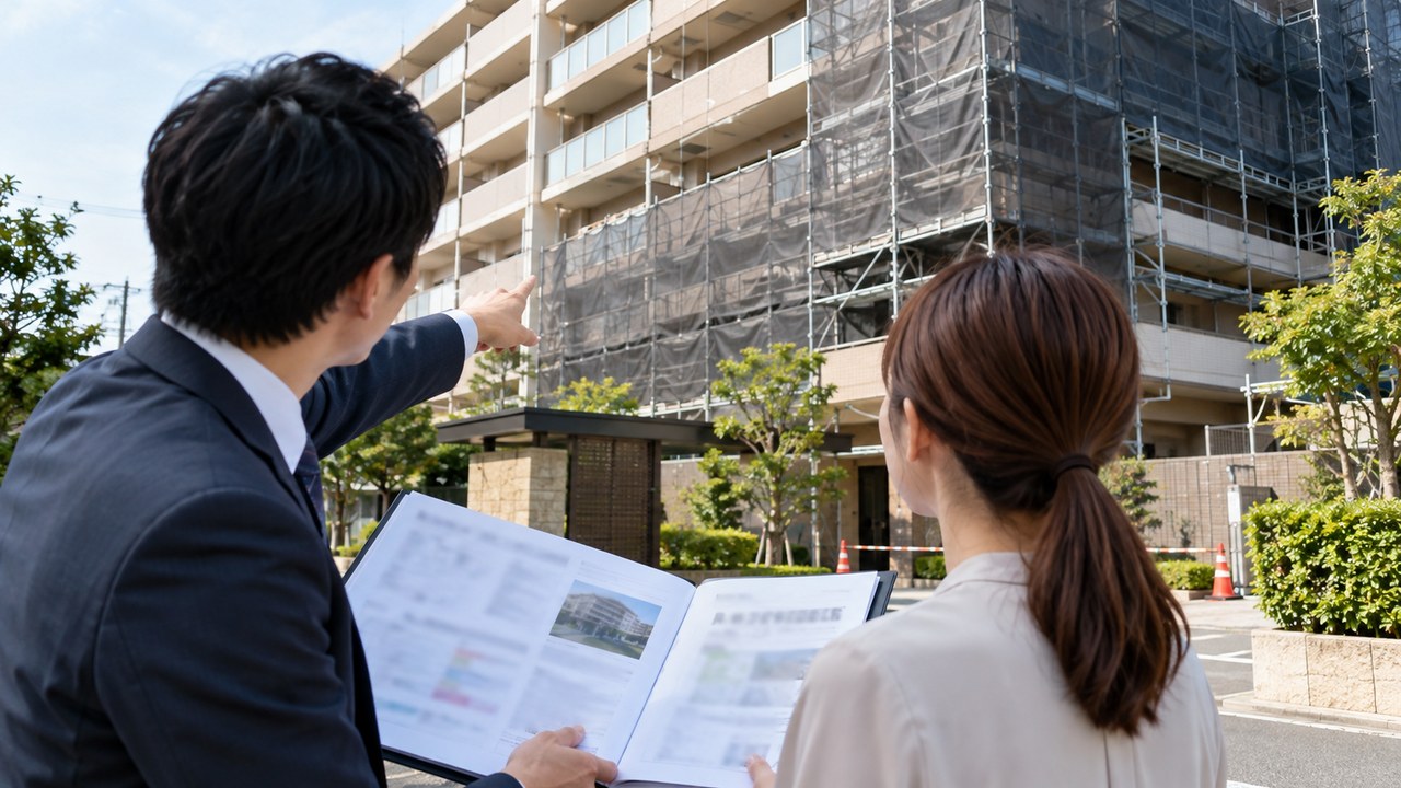 中古マンションの修繕工事予定と管理資料を確認する購入検討者