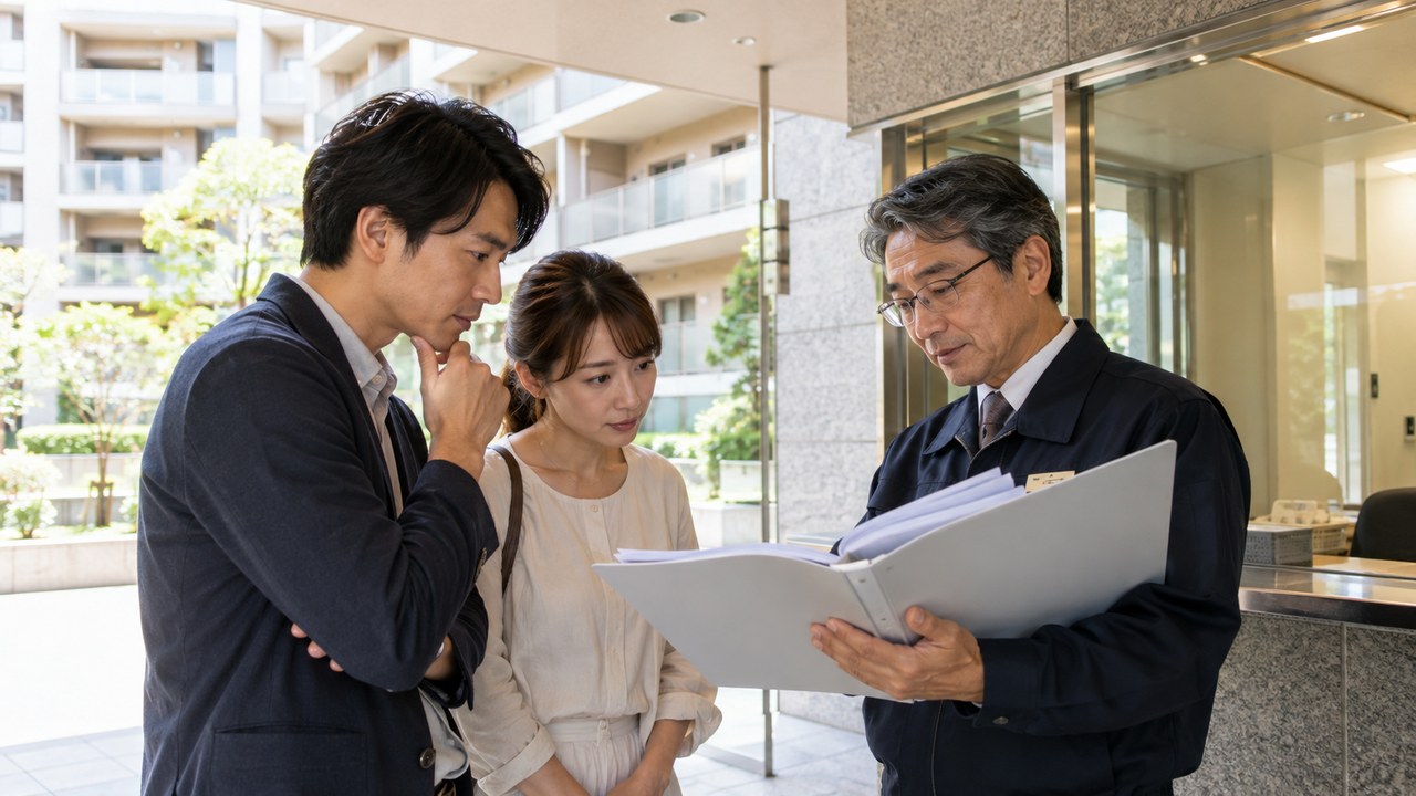 中古マンションの管理委託資料と連絡先を確認する購入検討者