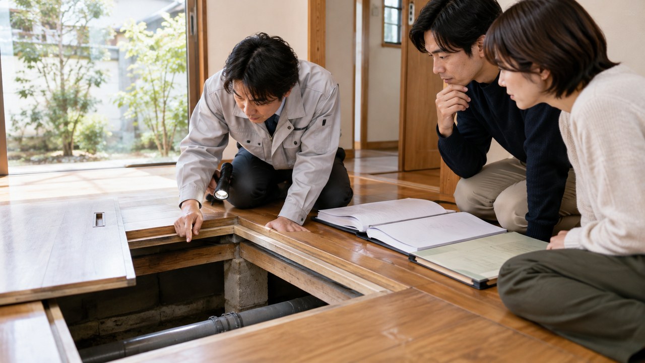 中古戸建ての床下点検口と建物資料を確認する購入検討者と担当者