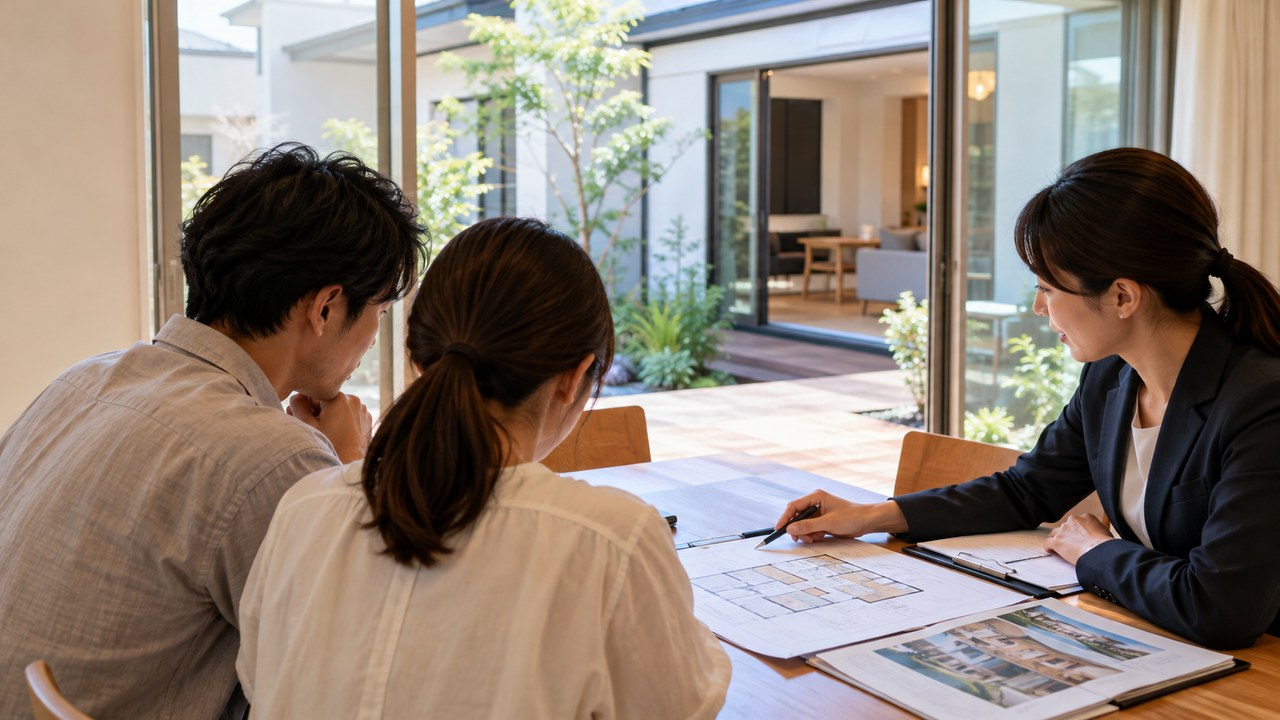 不動産購入の申込み前に書類を確認する様子
