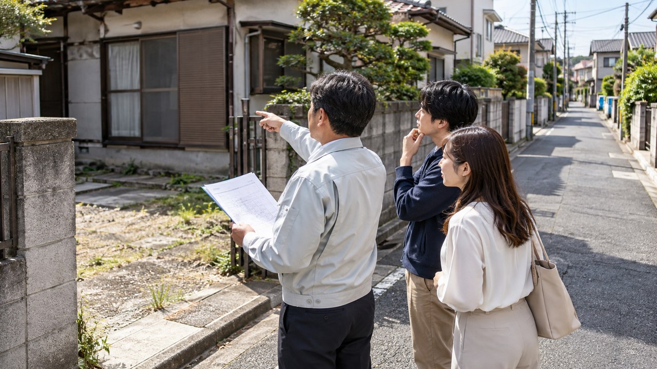 中古戸建ての敷地と前面道路を資料と現地で確認する様子