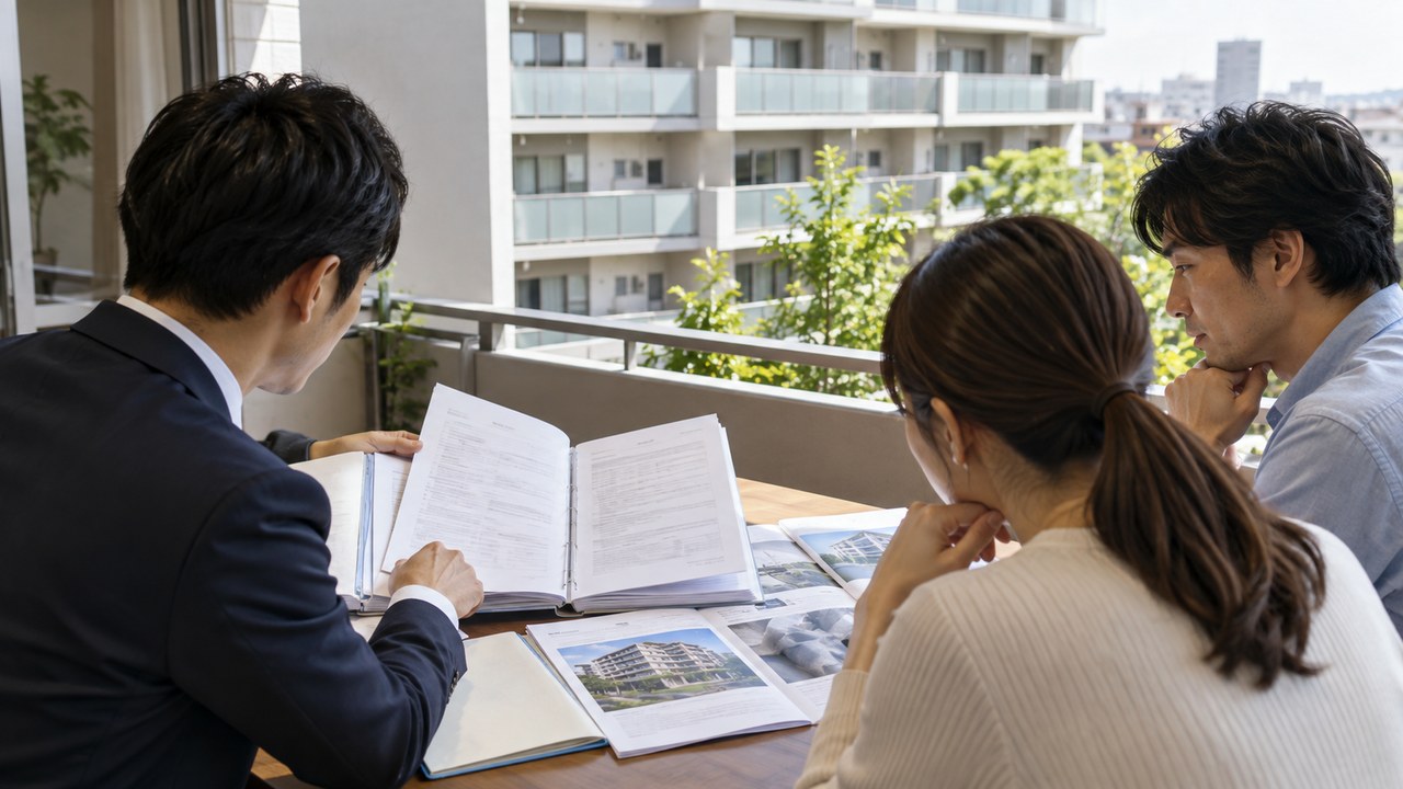 中古マンションの管理組合総会議事録と修繕資料を確認する様子