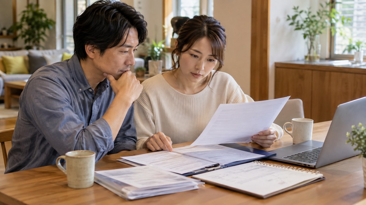住宅ローンの書類と売買契約の日程を確認する購入検討者