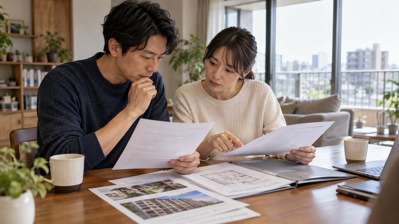 中古マンションの購入書類と保険に関する資料を確認する検討者
