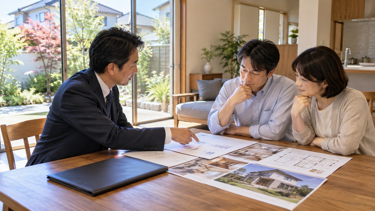 不動産売却の査定書と販売計画を見ながら媒介契約を検討する様子