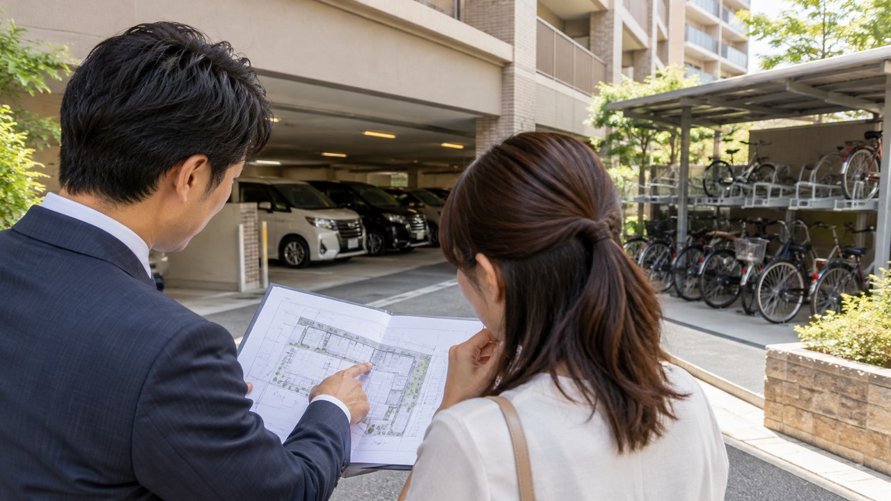 中古マンションの駐車場と駐輪場の案内図を確認する購入検討者