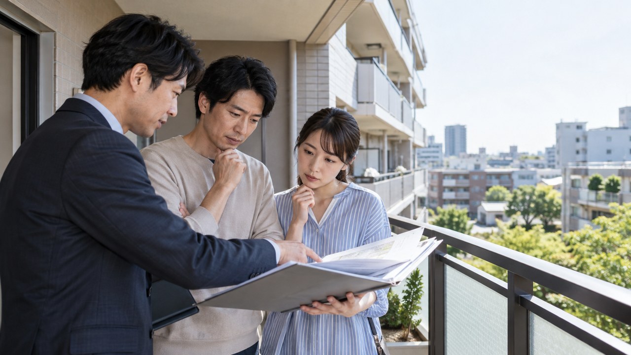 中古マンションの長期修繕計画と管理資料を確認する購入検討者